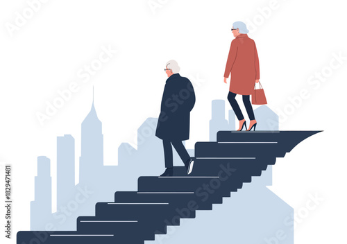 Elderly senior couple walking uphill on staircase with city skyline background representing aging population and elderly lifestyle concept in flat vector style