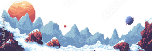 Pixel art alien mountain landscape with rocky terrain snowy ground large red planet and smaller spheres in outer space minimalist flat vector design isolated on white background