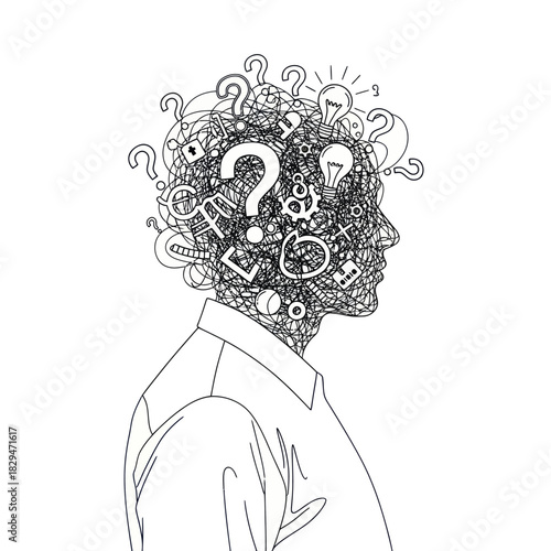 Intricate illustration of a persons head filled with questions and ideas.