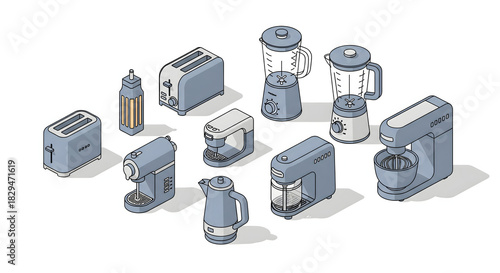 Kitchen Appliances Collection: A collection of various kitchen appliances, arranged with meticulous detail, capturing the essence of modern kitchen design. 