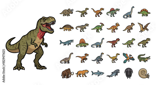Collection of cartoon dinosaurs and prehistoric animals, including a Tyrannosaurus Rex and various other species.