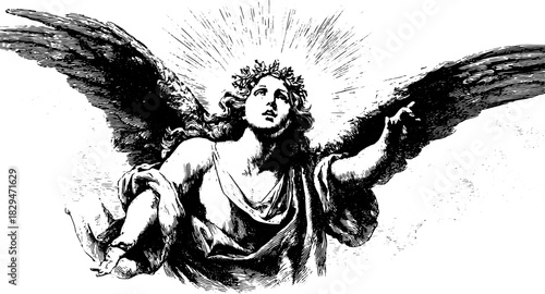 Angel engraving in vintage style. Detailed black and white illustration featuring a winged figure. Vector art.