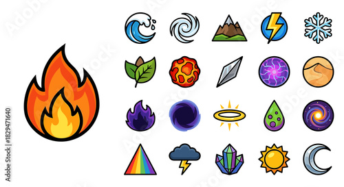 Collection of colorful cartoon elemental symbols, including fire, water, earth, air, lightning, and other mystical and natural elements.
