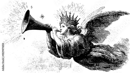 Angel playing a trumpet in vintage engraving style. Black and white vector illustration featuring classic and historical elements in a decorative set.