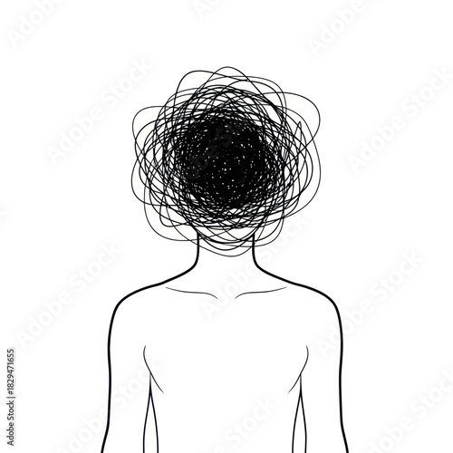 Minimalist line art of a person with a chaotic scribble for a head.