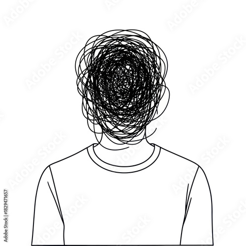 Person with tangled thoughts, mental health concept, anxiety and confusion.