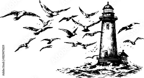 Lighthouse silhouette with seagulls in flight. Vintage vector illustration showcasing a coastal scene with waves and a classic structure.