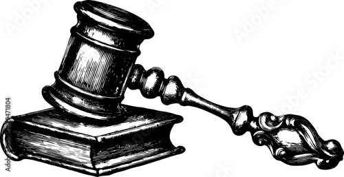 Vintage gavel illustration in a detailed style. This black and white vector artwork represents judicial elements in a classic format.