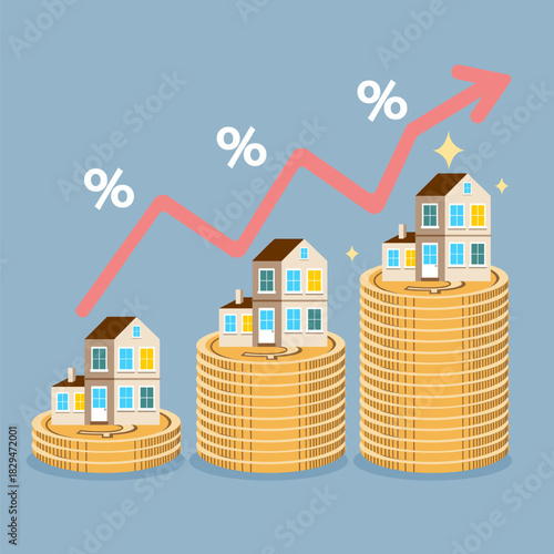 Real estate market growth concept. Houses on stacking gold coins with upward arrow and percentage signs. Property investment and rising mortgage rate illustration.