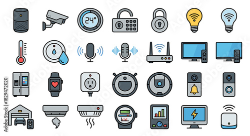 Collection of smart home device icons, including security camera, thermostat, light bulb, television, and various appliances.