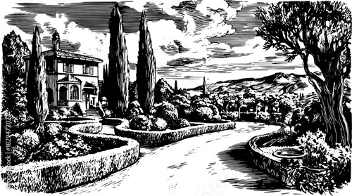House in a scenic landscape with a winding path, cypress trees, and detailed gardens. A black and white vector illustration showcasing elegant architecture.