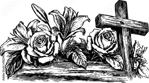 Cross surrounded by flowers in a vintage black and white illustration. This detailed vector set combines floral elements with a religious symbol.