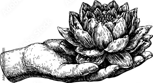 Lotus flower held in hand. Vintage black and white outline drawing, detailed engraving vector illustration capturing botanical elegance.