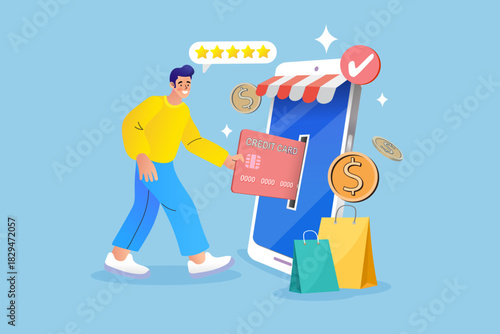 Man inserting credit card into smartphone screen for online payment. Mobile shopping store concept with dollar coins and shopping bags. Secure digital transaction with five star rating.