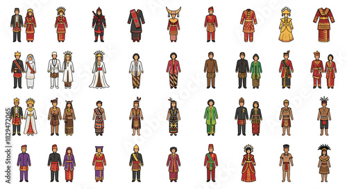 A collection of figures depicting people in various traditional Indonesian clothing styles, arranged in rows on a white background.