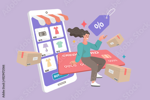 Happy woman sitting on giant red credit card next to smartphone store. Online shopping payment concept with delivery boxes and discount tag. E-commerce digital transaction illustration.