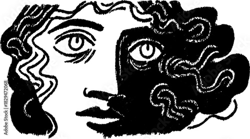 Artistic face illustration in black and white lineart style. Simple vector design showcasing hair and facial features in a unique set.