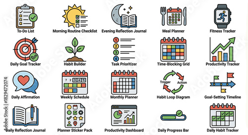 A collection of colorful icons representing various planning and productivity tools, including checklists, calendars, and trackers.