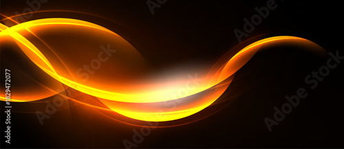 Bright orange lines curve against dark background. Abstract design evokes energy, motion, light effects. Smooth gradients create visual interest.