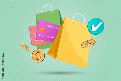 Floating shopping bags with credit cards and gold dollar coins. Online payment success concept with blue check mark icon. 3D vector illustration for e-commerce transaction.