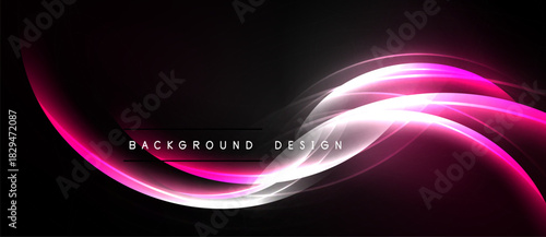 Abstract pink light curves over dark background. Text reads background design. Smooth gradients create dynamic visual effect.