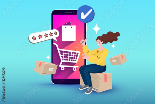 Happy woman sitting on delivery box showing thumbs up next to giant smartphone. Online shopping app concept with shopping cart and five star rating review. Successful order transaction illustration.