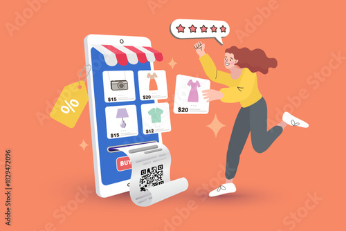 Happy woman shopping on giant smartphone store with product catalog. Digital mobile shop concept with receipt and QR code. Customer giving five star rating for online service.