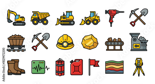 Collection of colorful mining equipment and related tools, icons, and symbols.