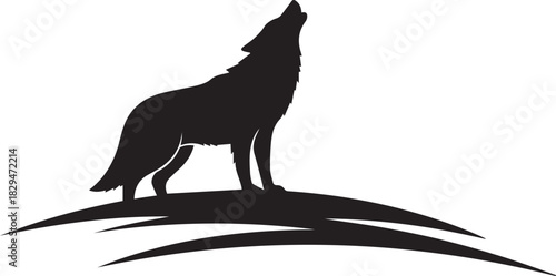 Silhouette of a wolf howling upwards, standing on stylized curved lines against a white background.