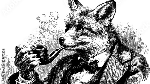 Fox portrait with a smoking pipe in a dapper suit and bowtie. A vintage vector illustration showcasing whimsical details in a classic style.