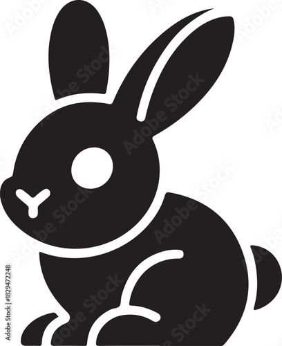 Black silhouette of a sitting rabbit with long ears on white bunny