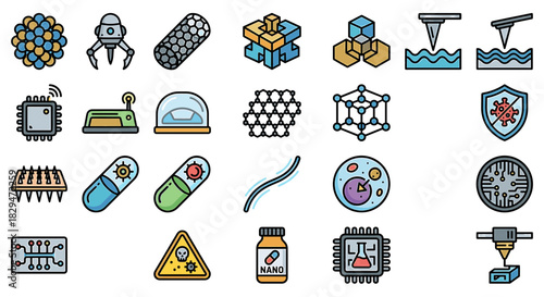 Collection of colorful, stylized icons representing scientific concepts and technological advancements.