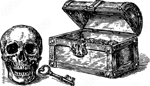 Vintage illustration of a skull, treasure chest, and key. This black and white vector set emphasizes mystery and adventure in a classic style.