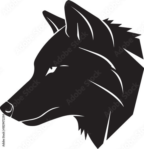 A stylized, black silhouette of a wolf's head in profile, facing left, with sharp features and pointed ears.