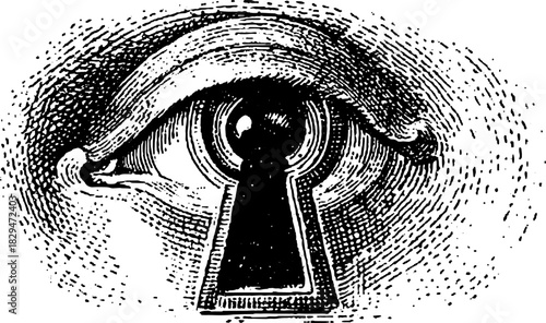 Vintage eye illustration featuring a keyhole outline. Black and white engraving style creates a unique visual artwork set in vector form.