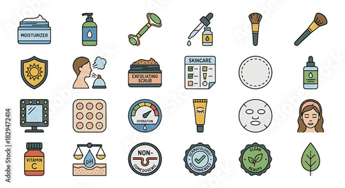 Collection of skincare and beauty products, including tools and accessories.