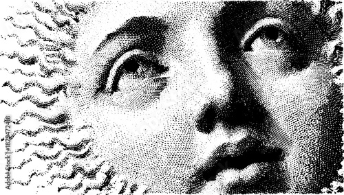 Sun face illustration in black and white vintage style. Detailed vector art with intricate textures and geometric patterns in a set.