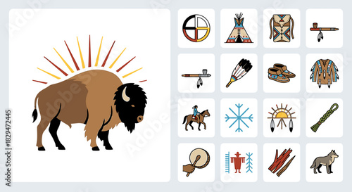A stylized illustration featuring a bison with radiating lines, alongside various Native American cultural symbols.