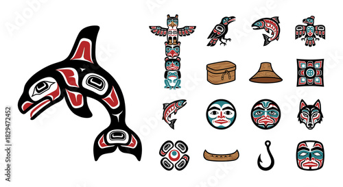 A collection of stylized Native American art icons and symbols, isolated on white.