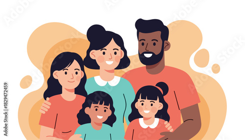 A diverse family of five, including parents and three daughters, smiling and embracing in a warm, affectionate group portrait.