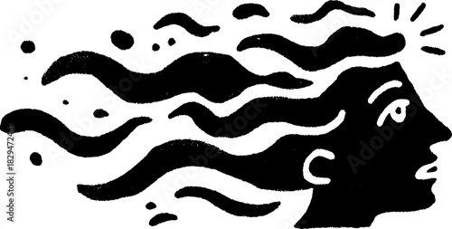 Head profile with flowing hair. Simple black and white vector illustration depicting motion and design elements.