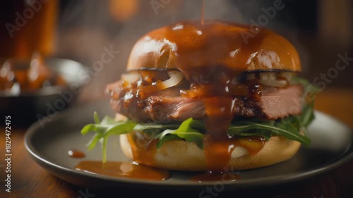 Gourmet Steak Burger Drizzled with Rich Sauce on a Plate, Delicious Food Photography