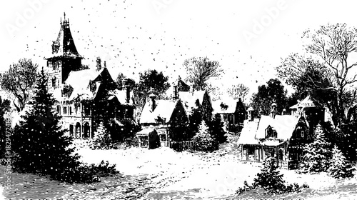 Vintage black and white outline illustration of a winter landscape set featuring snowy buildings and trees in a quaint village. Vector illustration.