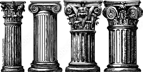 Vintage illustration of four distinct columns with detailed engravings and outlines. Classical architectural elements represented in black and white vector style.