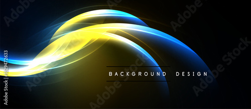 Abstract flowing lines, vibrant blues, yellows create dynamic background. Modern design element, sleek curves, dark space.