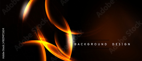 Abstract orange lines over black background. Dynamic curves create modern visual effect. Minimalist design suitable for banners, presentations.