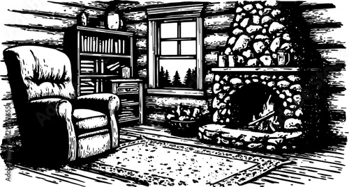 Engraved antique print of a cozy cabin interior featuring an armchair, fireplace, and bookshelf. Detailed vector illustration in vintage style.