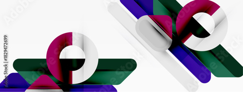 Abstract geometric shapes, vibrant colors, dynamic composition. White background emphasizes layered forms, creating modern visual impact.