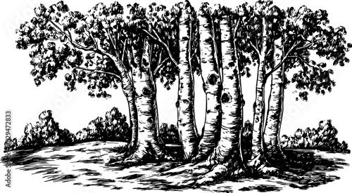 Engraving of trees in a vintage style. Black outline vector illustration with detailed texture for a natural landscape design.