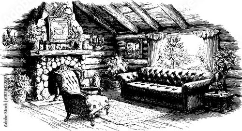Antique engraving of a cozy living room interior. Features a detailed fireplace, elegant sofa, and decorative plants in a vintage vector illustration.